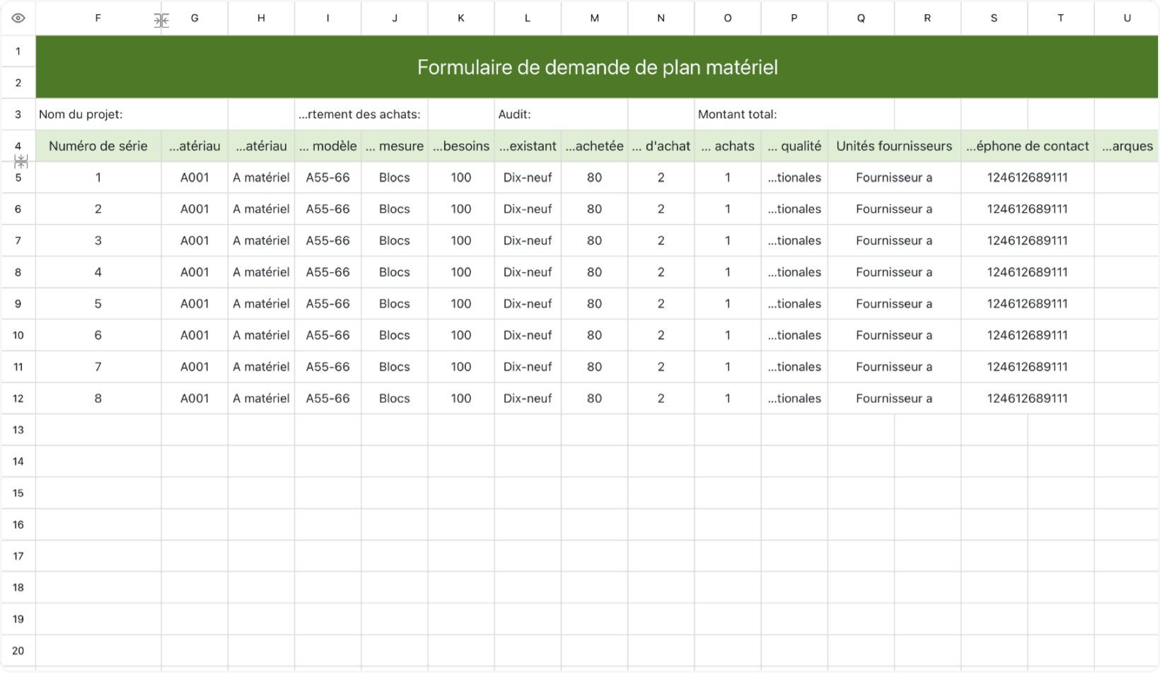 Formulaire de demande de plan matériel